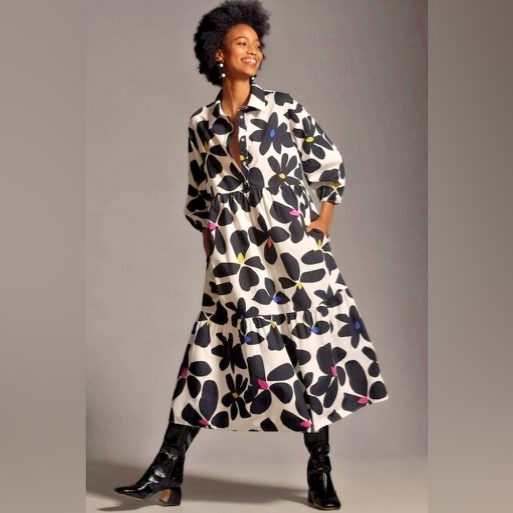 Maeve Black and Blue Floral Long Sleeve Dress